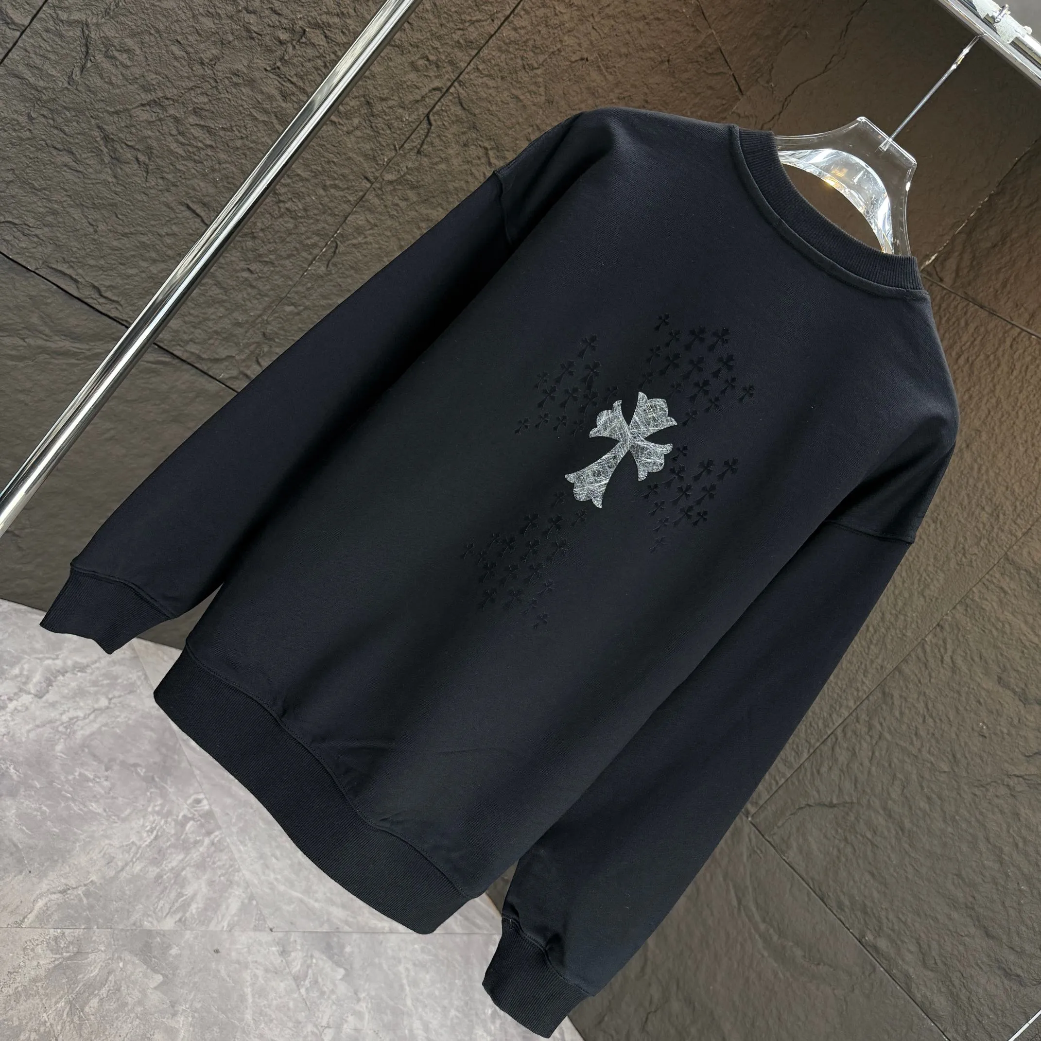 🅿️250 CH* Croixin* 2025 autumn and winter new round neck sweatshirt 400g terry cotton Sanskrit horseshoe logo flocking➕silver wire Color: Black White Gray Purple Size: S M L XL XXL